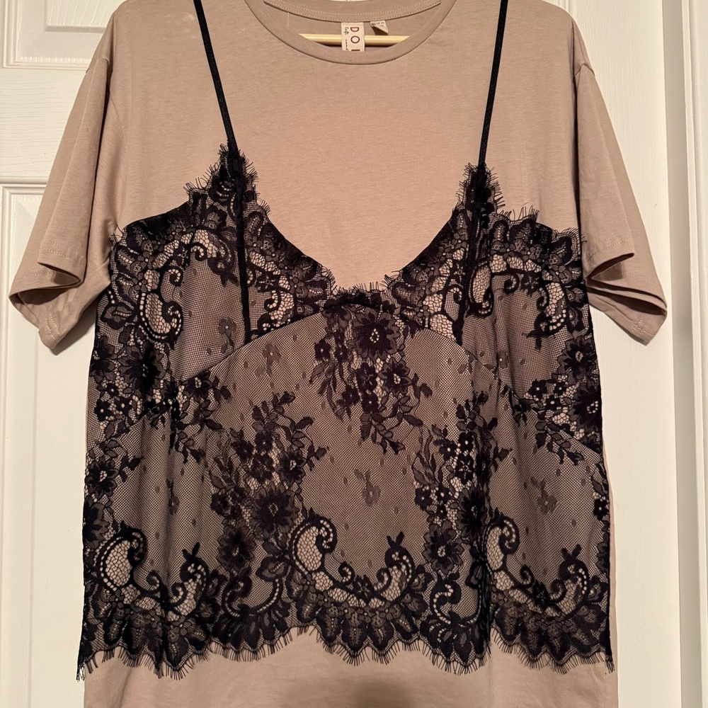 Tan T-Shirt with Black Lace Overlay